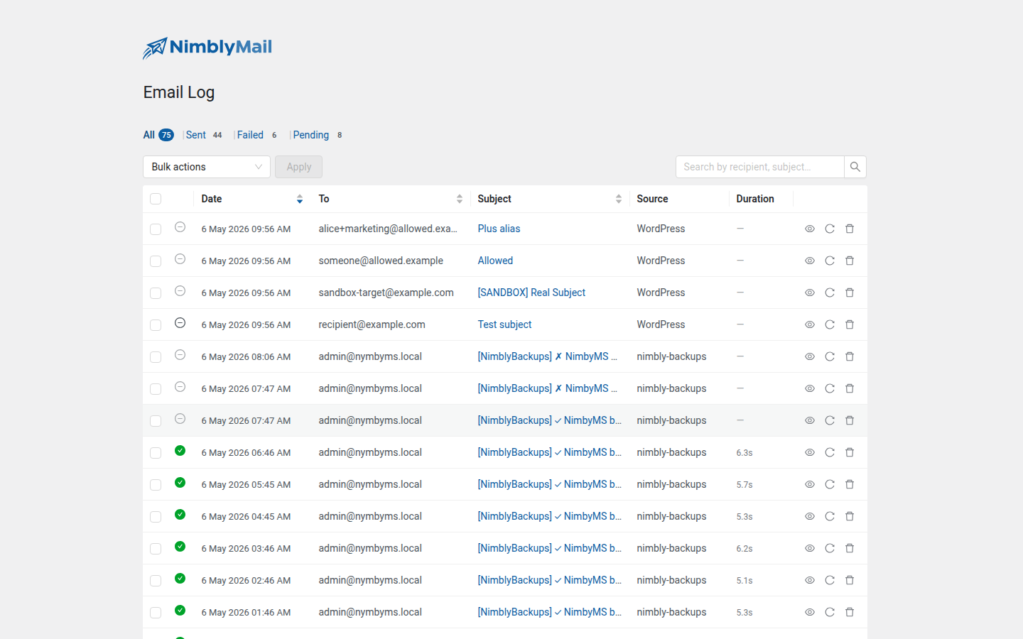 Email Logs table showing recent send attempts