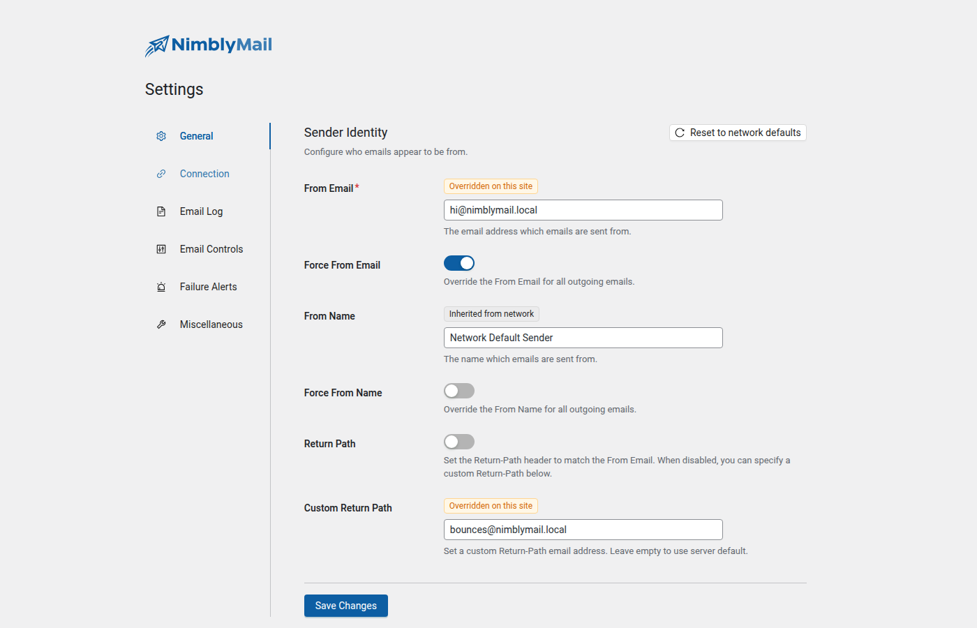 Sub-site settings with From Name overridden