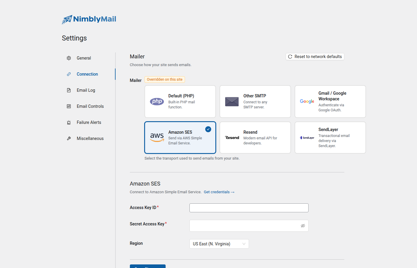 Amazon SES mailer settings in NimblyMail