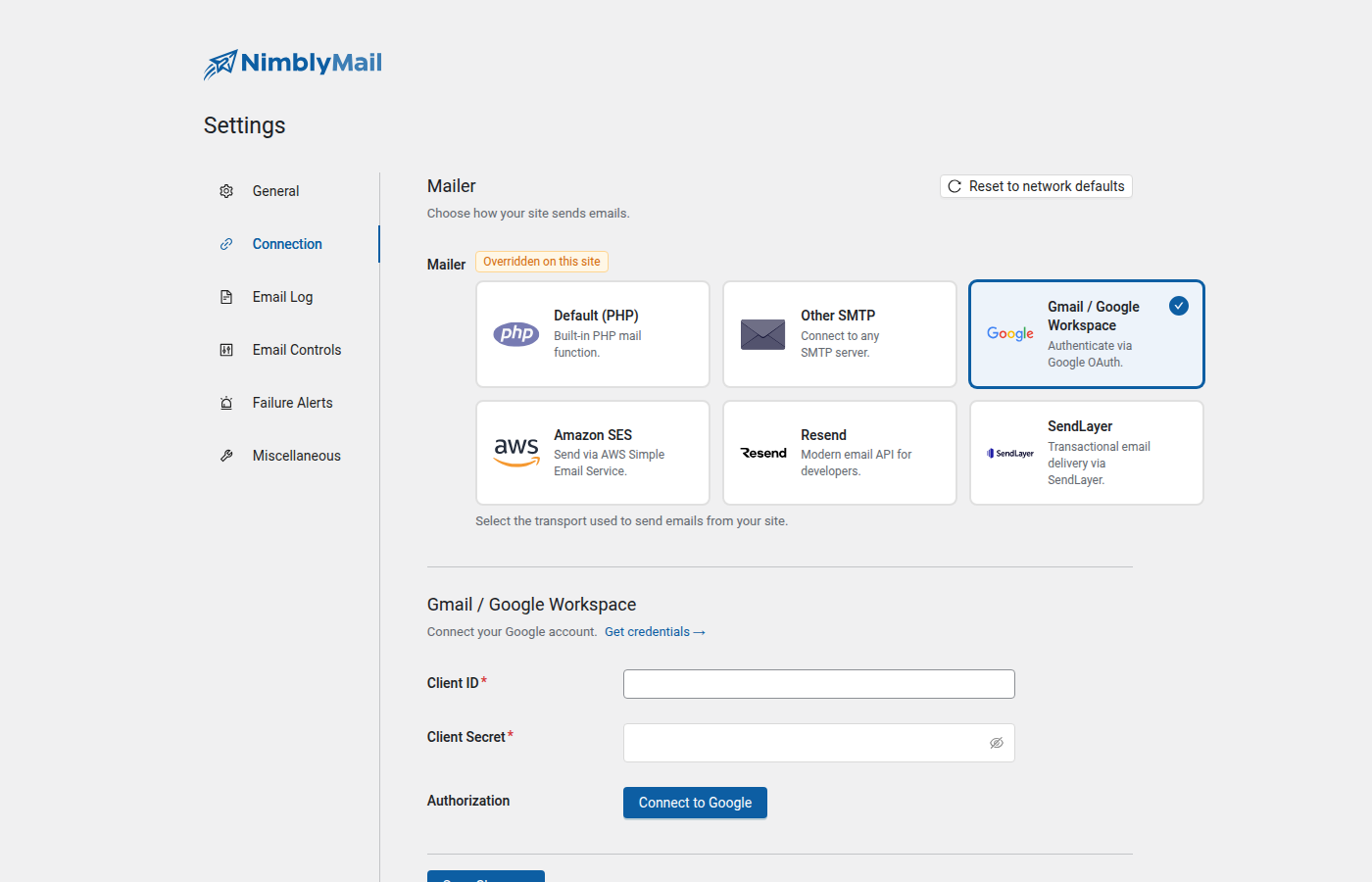 Gmail mailer settings in NimblyMail