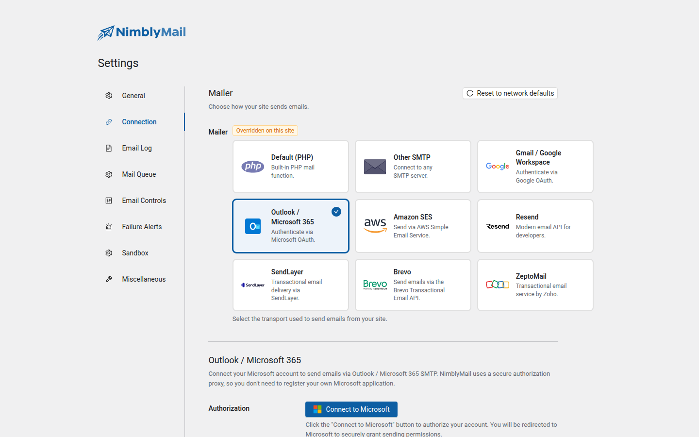 Outlook / Microsoft 365 mailer settings in NimblyMail