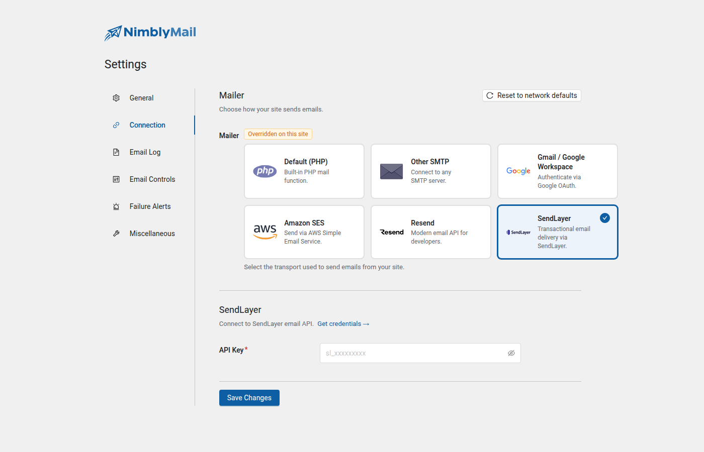 SendLayer mailer settings in NimblyMail
