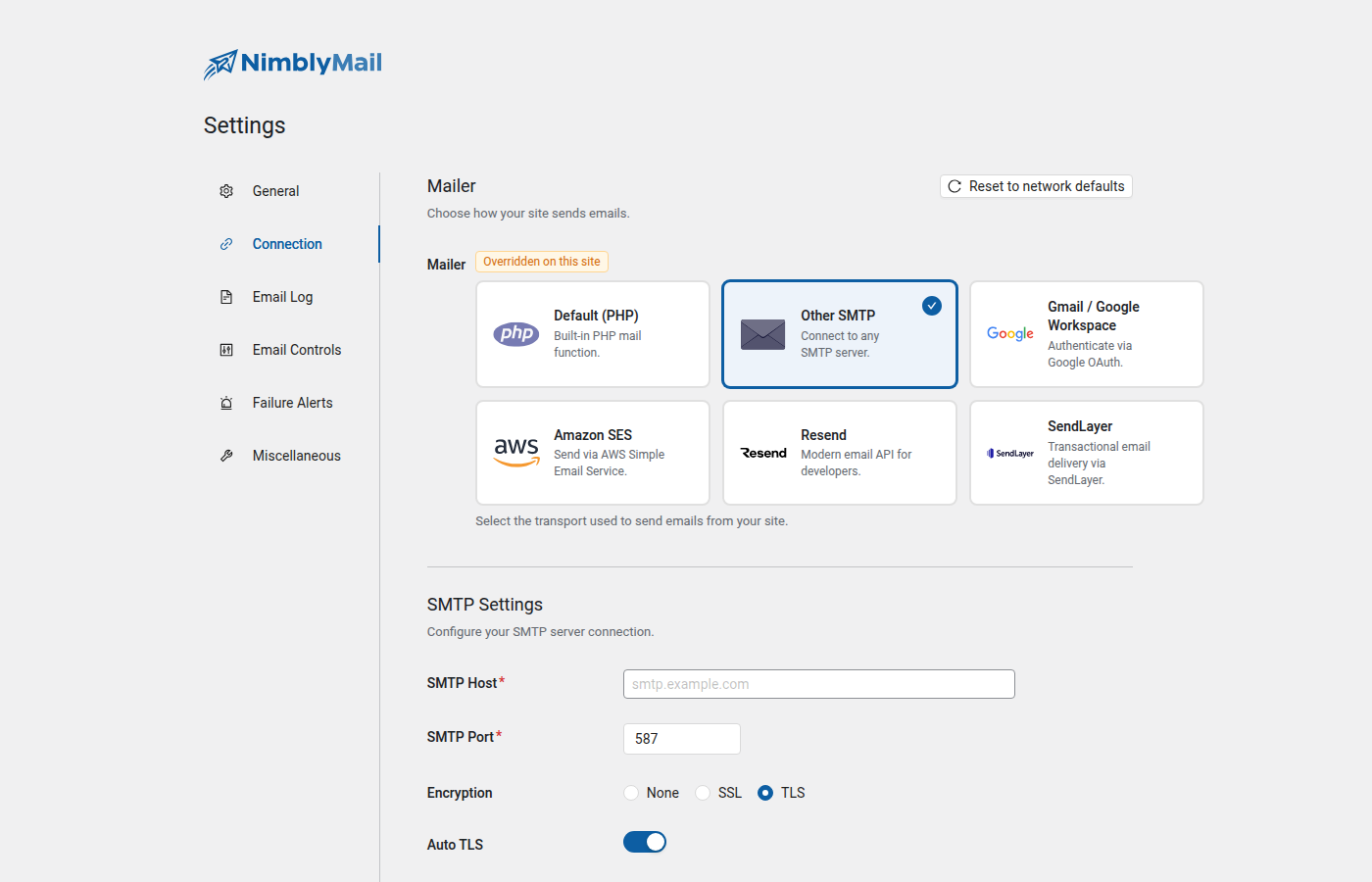 Other SMTP mailer settings in NimblyMail