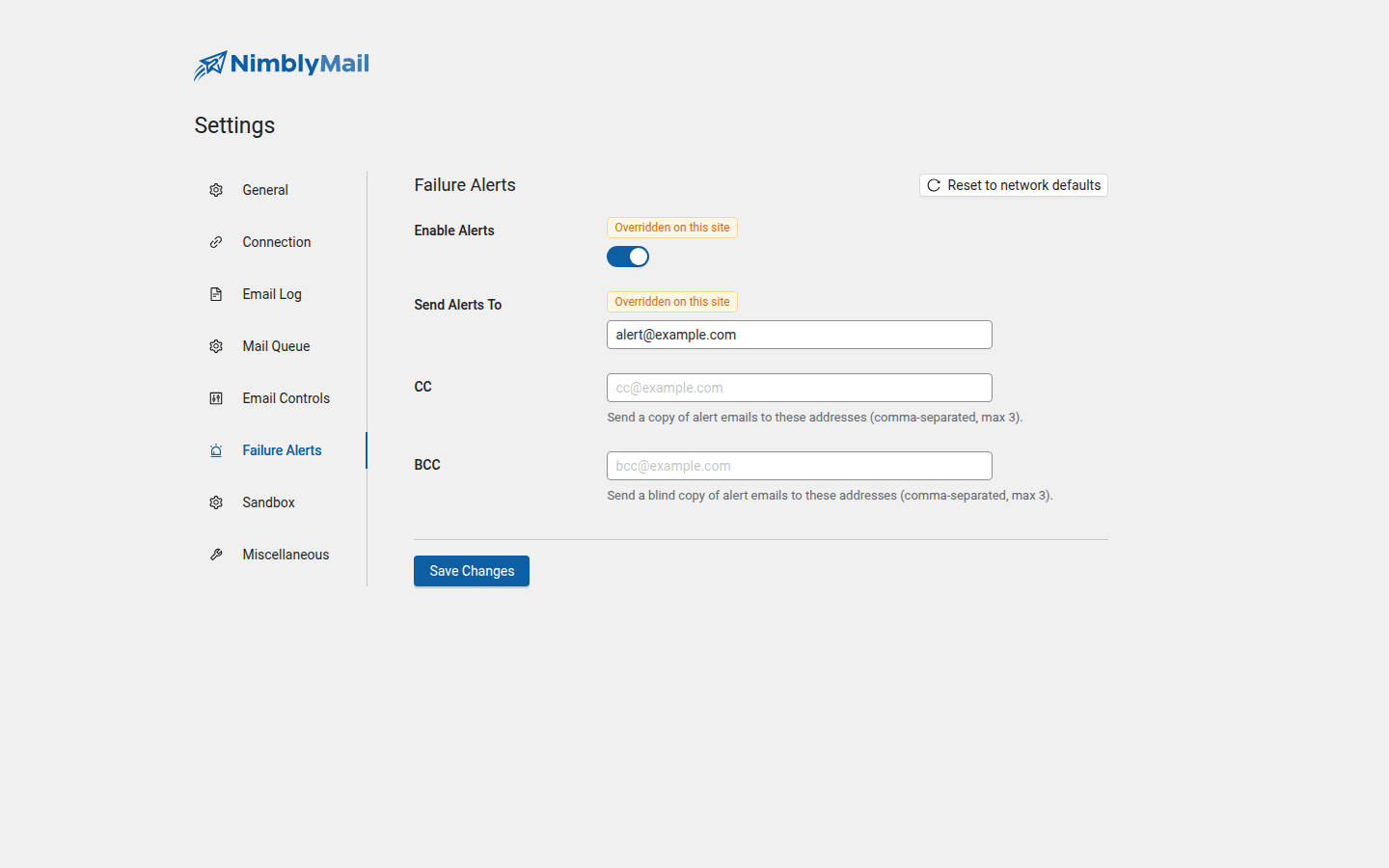 Failure alert settings in NimblyMail