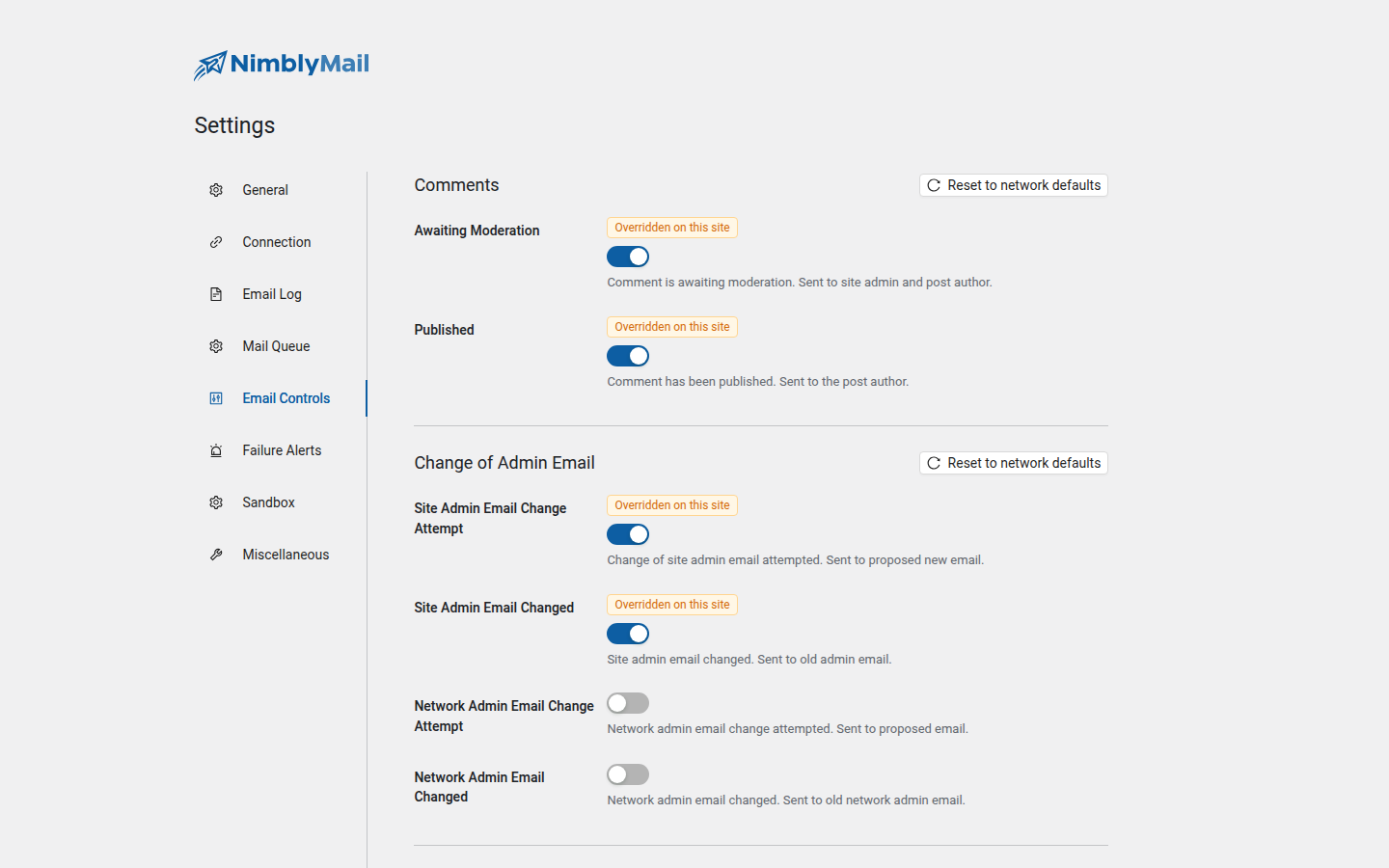 Email controls settings in NimblyMail