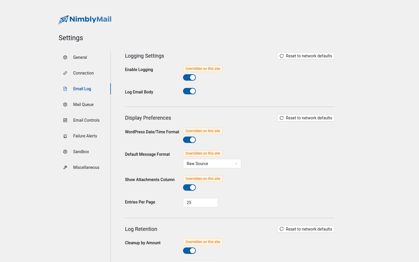 Email log settings in NimblyMail