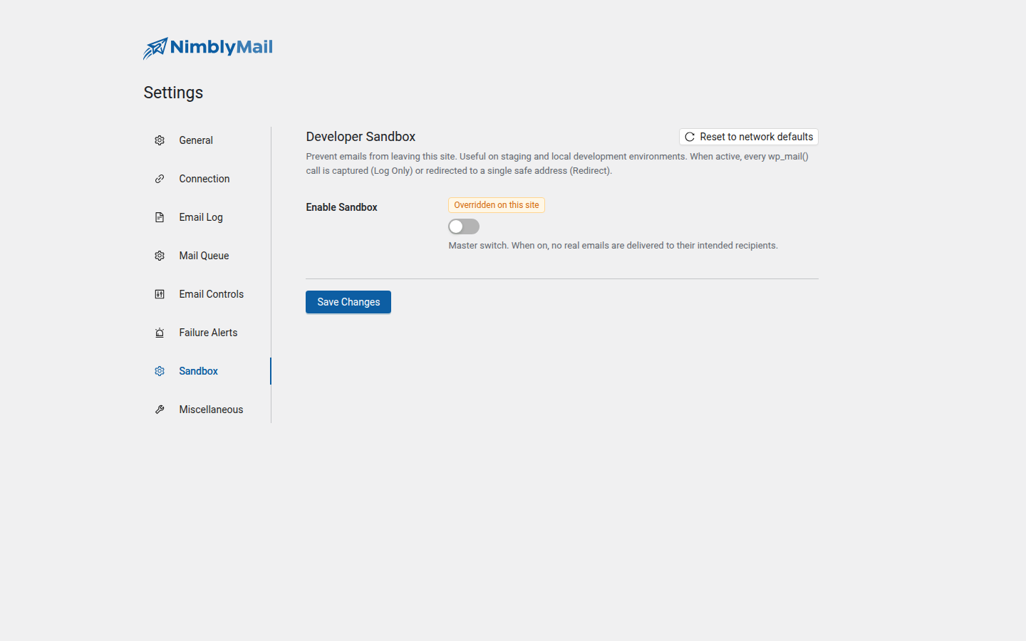 Sandbox settings in NimblyMail