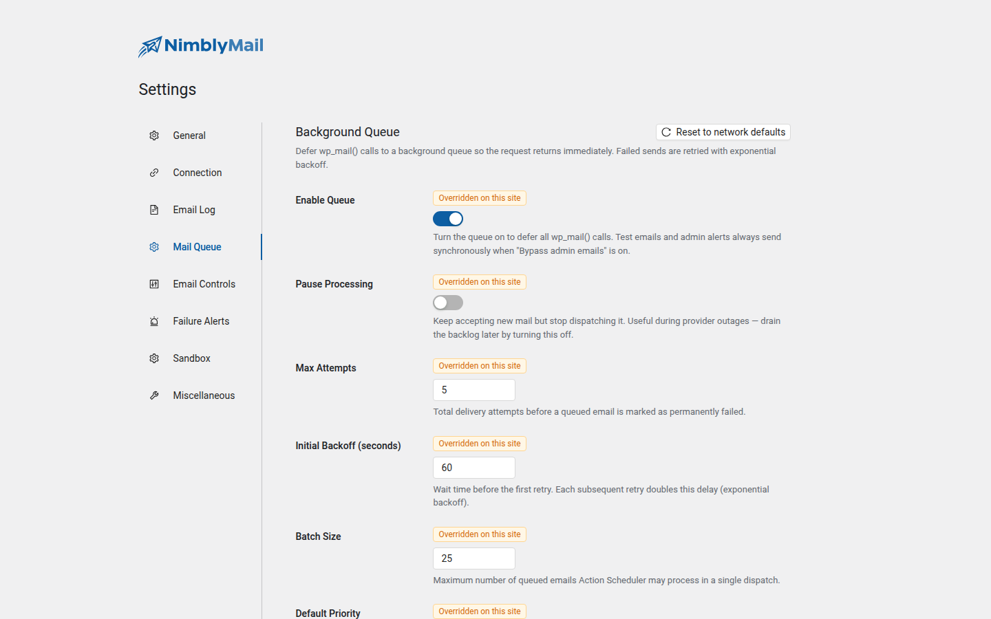 Mail Queue settings